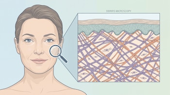 Ilustración de una mujer con lupa en la mejilla, mostrando una sección de la dermis con capas, fibras de colágeno, células y el texto Dermis Microscopy.