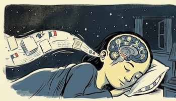 Ilustración de una persona durmiendo de lado, su cerebro expuesto y activo. De su oído salen documentos y banderas francesas bajo un cielo nocturno estrellado