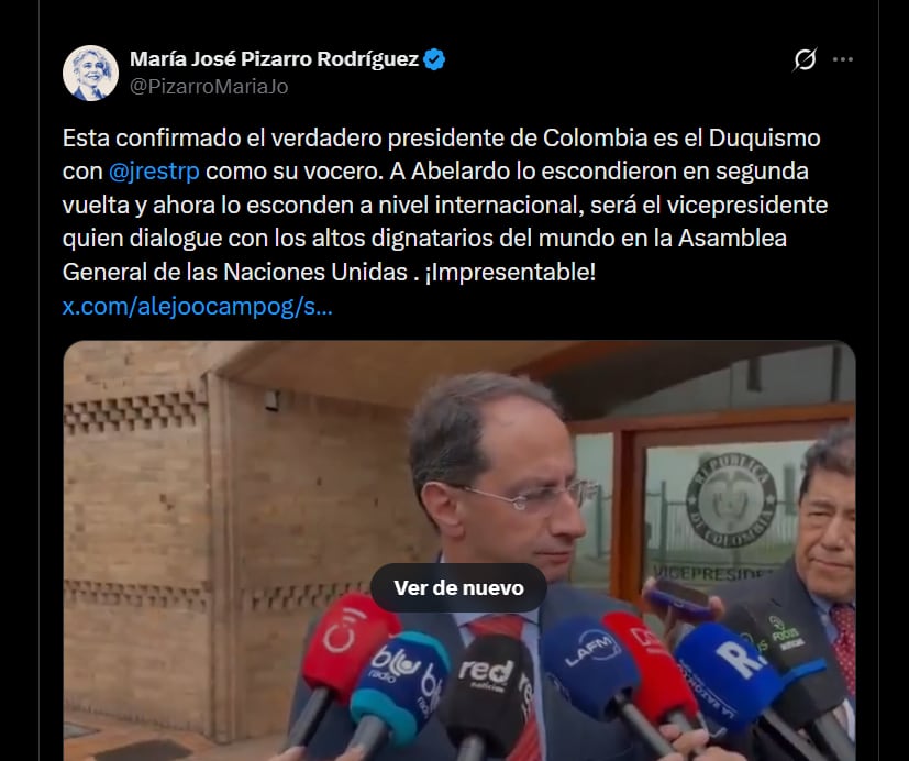 María José Pizarro afirmó que José Manuel Restrepo expone una relación de poder dentro del Gobierno y cuestionó que asuma la vocería ante la ONU - crédito X