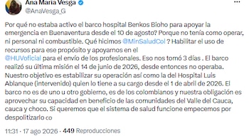 Ana María Verga explica la ausencia del hospital flotante y llama a despolitizar la salud pública - crédito @AnaVesga_G/X