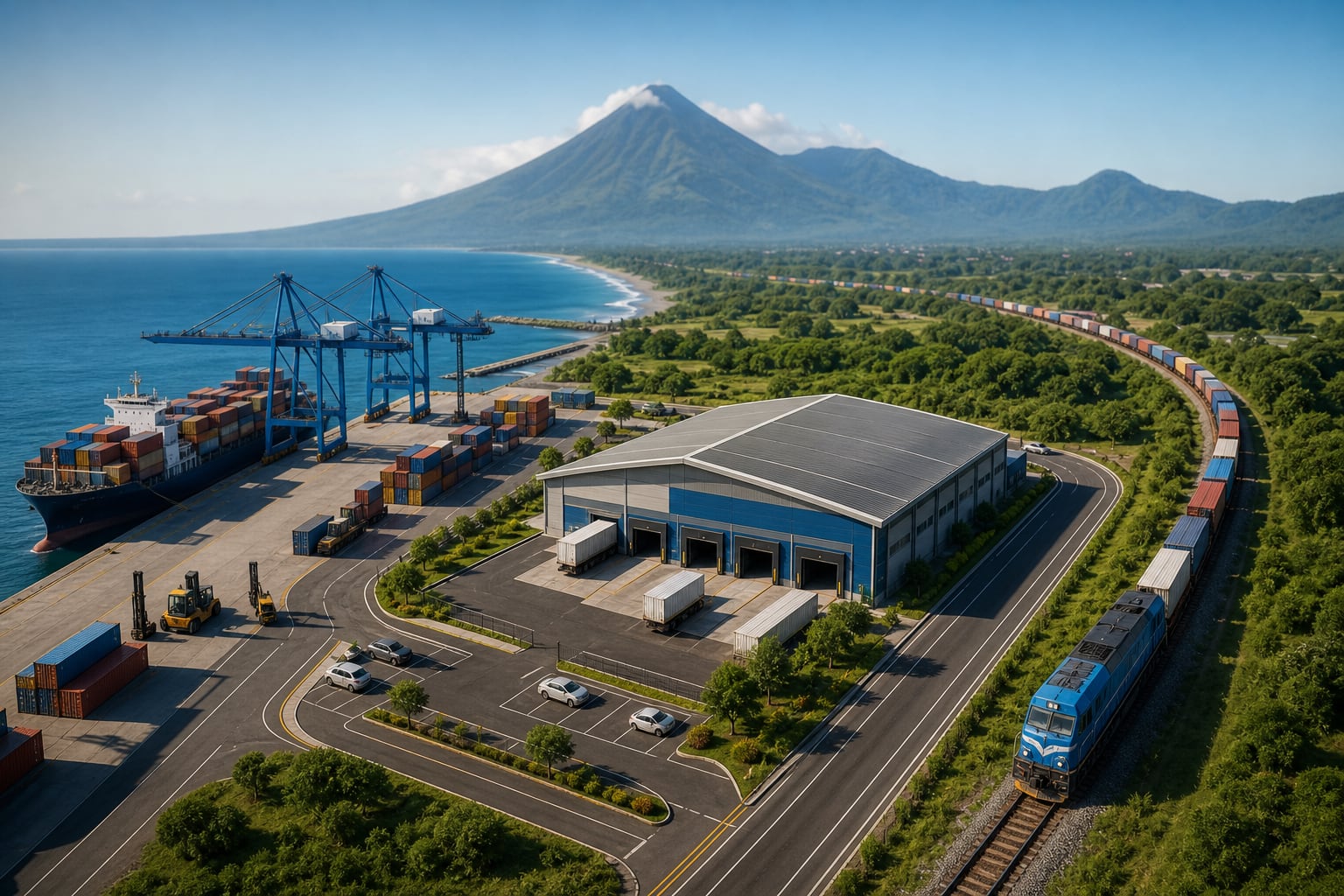 Una ilustración técnica proyecta la terminal logística multimodal y la vía ferroviaria planificadas entre Puerto Quetzal y Escuintla en Guatemala. (Imagen Ilustrativa Infobae)
