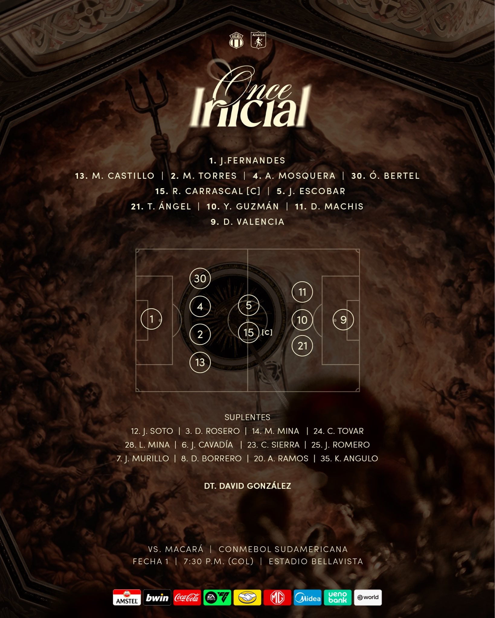 Titulares para el partido entre Macará y América de Cali en el estadio Bellavista por la Copa Sudamericana 2026 - crédito @AmericadeCali/X