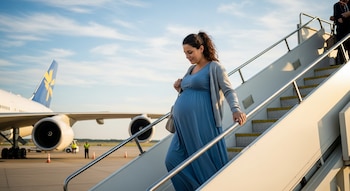 Mujer embarazada subiendo escaleras para abordar un avión blanco con cola azul y amarilla en una pista de aeropuerto soleada.