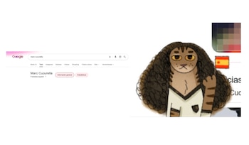 Captura de pantalla de Google con búsqueda de Marc Cucurella y texto 'Futbolista español'. A la derecha, ilustración de felino marrón con pelo rizado, camiseta blanca y una bandera española
