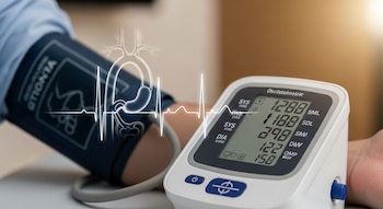 Brazo con brazalete de tensiómetro y monitor digital que muestra lecturas de presión arterial. Gráfico superpuesto de corazón, aorta y onda de ECG.