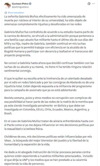 Petro cuestionó el papel de algunos medios en la difusión de información sobre Muñoz y los responsabilizó, según su declaración, de contribuir a la exposición de personas que estarían enfrentando amenazas - crédito @petrogustavo/X