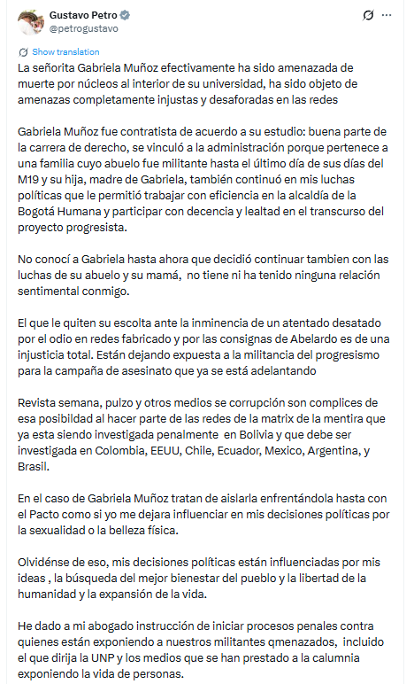 Petro cuestionó el papel de algunos medios en la difusión de información sobre Muñoz y los responsabilizó, según su declaración, de contribuir a la exposición de personas que estarían enfrentando amenazas - crédito @petrogustavo/X