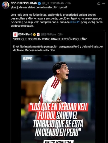 El tuit de Eddie Fleischman sobre los comentarios de Erick Noriega.