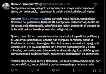 El senador Honorio Henríquez aseguró que, si es elegido presidente del Senado, garantizará el respeto por las mayorías y las minorías, promoverá el diálogo entre las bancadas y actuará con apego a la Constitución y la ley - crédito Honorio Henríquez/X