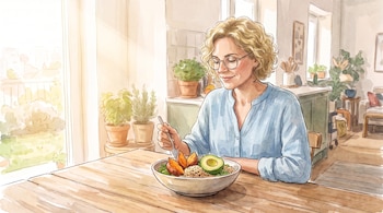 Ilustración de una mujer con gafas que consume un tazón con aguacate y camote sobre una mesa de madera.