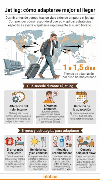 Infografía sobre el jet lag con un mapa del mundo, un viajero con maleta, gráficos explicativos e iconos sobre el descanso y la luz solar.