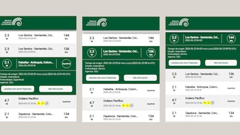 Santander reportó dos sismos y Antioquia uno durante las primeras horas del viernes 23 de mayo de 2025 en Colombia - crédito Servicio Geológico Colombiano / Visor de sismos - sitio web