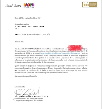 En la carta enviada por David Racero a la Procuraduría y a la Corte Suprema de Justicia pidió que informen si hubo alguna otra queja en su contra por presuntos comportamientos irregulares - crédito @DavidRacero/X