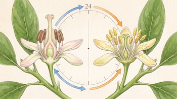 Dos cortes longitudinales de flores de cítrico con hojas verdes. Se observan estambres y pistilos en dos fases. Un círculo con el número 24 y flechas curvas simulan un ciclo.