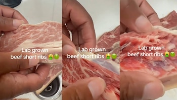 Tres imágenes de unas manos que abren un trozo de carne cruda con la frase escrita en inglés sobre carne cultivada en laboratorio