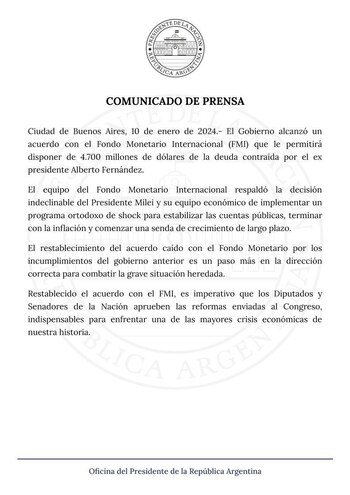 Comunicado Presidencia de la Nación