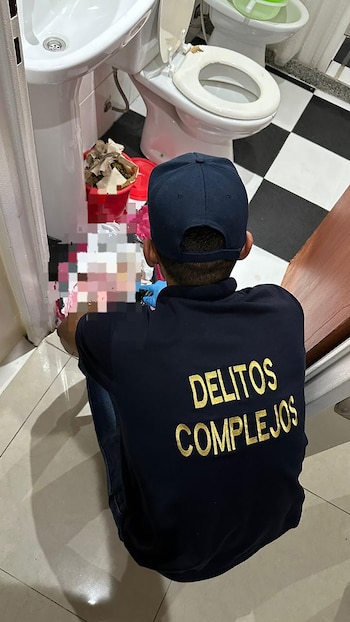 Un oficial con gorra y camisa azul oscuro que dice "DELITOS COMPLEJOS" visto de espaldas, inspeccionando un baño con inodoro y lavabo