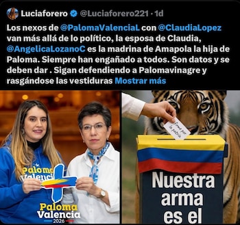 Una usuaria de X, identificada como Lucía Forero, publicó un montaje hecho con IA de Paloma Valencia y Claudia López que las muestra como aliadas políticas - crédito @Luciaforero221/X