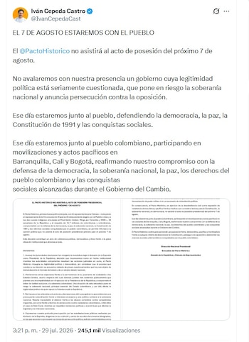Iván Cepeda y la bancada del Pacto Histórico confirmó que no asistirán a la ceremonia de posesión presidencial de Abelardo de la Espriella en la Arena USC Carlos Andrés Pérez Galindo, de la Universidad Santiago de Cali - crédito @IvanCepedaCast/X