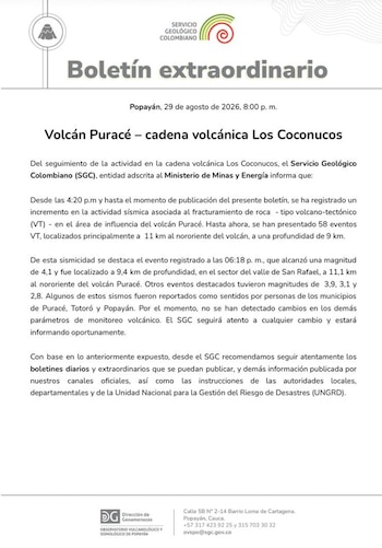 El Servicio Geológico Colombiano recomendó a la población seguir únicamente los boletines oficiales y evitar acercarse a la zona alta del volcán debido al incremento de sismos reportados. - crédito @sgcol/X