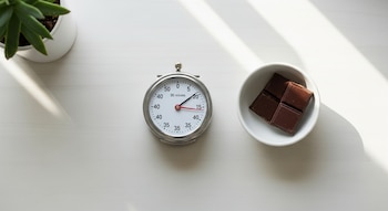 Vista cenital de un temporizador de cocina de metal plateado ajustado a 30 minutos, un bol blanco con dos trozos de chocolate y una planta verde sobre una mesa blanca.
