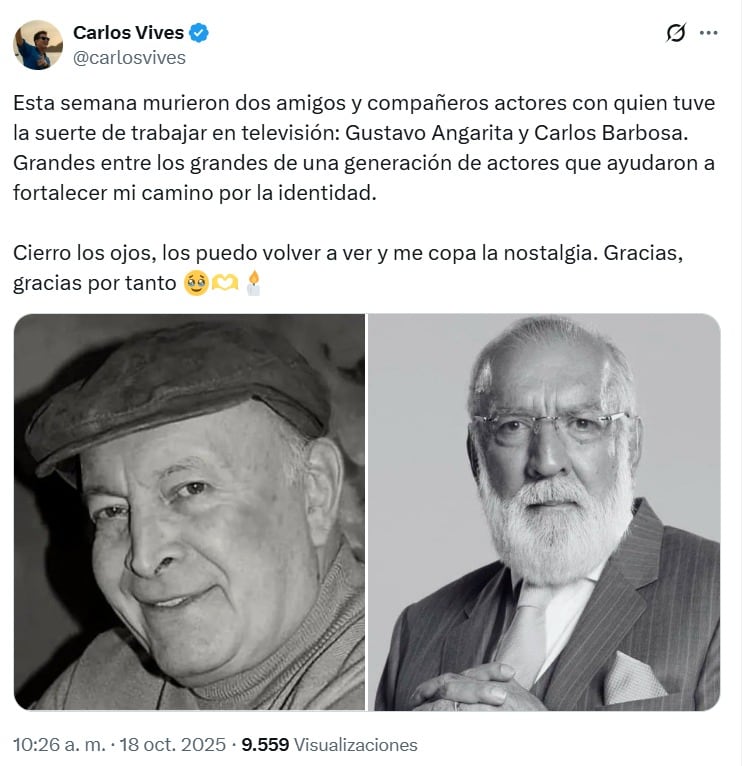 El sentido homenaje de Carlos Vives a Gustavo Angarita y Carlos Barbosa emociona a los fans de la televisión nacional - crédito @carlosvives/X