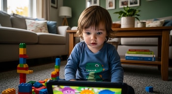 Un niño de dos años con cabello castaño y camiseta azul de dinosaurio mira una tableta en el suelo de una sala con un sofá beige y bloques de colores.