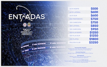 Estadio lleno de espectadores con iluminación azul. Un gráfico superpuesto detalla precios de entradas y fechas de venta para la semifinal de Liga MX en el Estadio Banorte