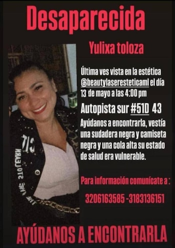Volante de búsqueda difundido por las autoridades con la información de Yulixa Consuelo Tolosa, en el que se solicita apoyo ciudadano para dar con su paradero tras su desaparición en el sur de Bogotá - crédito BosaA7/Facebook