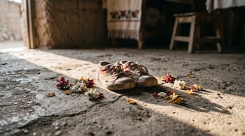 Un par de zapatillas infantiles usadas sobre un suelo con grietas, rodeado por flores secas de colores bajo la luz del sol.