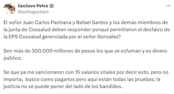 Petro señaló a exintegrantes de la junta de Coosalud por el manejo de los recursos del caso. - crédito @petrogustavo/X
