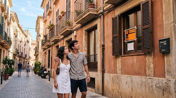 Un hombre y una mujer caminan por una calle estrecha y miran una ventana que tiene un cartel naranja con el texto Se vende.