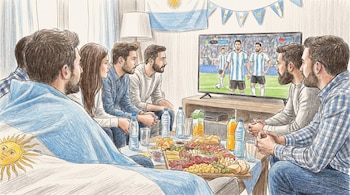 Seis personas miran un partido de fútbol en un televisor grande. Hay banderas y guirnaldas argentinas. Una mesa con embutidos, quesos, pan, aceitunas y botellas de agua.