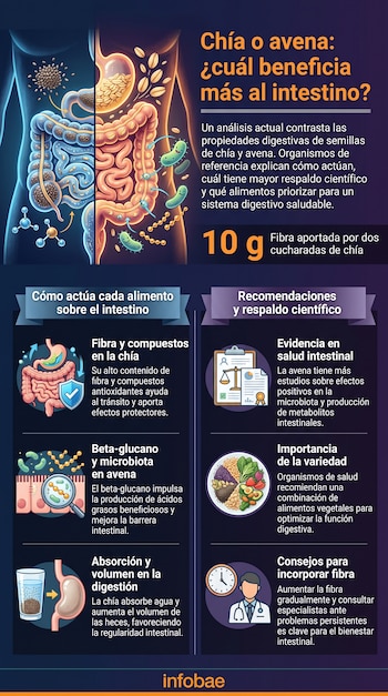 Ilustración del sistema digestivo humano con representaciones de semillas de chía, avena, estómago, intestino y microbiota. Paneles informativos con texto.