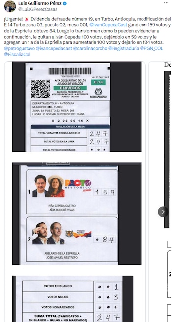 Denuncian presunto fraude en Turbo, Antioquia, tras alteración de acta E14 en mesa electoral - crédito @LuisGPerezCasas/X