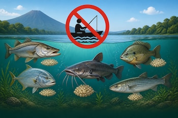 Un símbolo de prohibición sobre un pescador en barca antecede a cinco peces con cúmulos de huevos bajo el agua y un volcán al fondo.