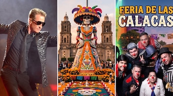 Tres paneles con un cantante en el escenario, una figura de Catrina ante una catedral y un grupo de payasos con narices rojas.