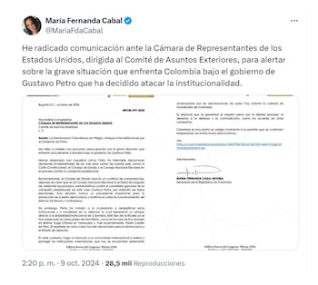 María Fernanda Cabal y la carta enviada a Gustavo Petro