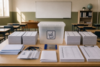 Ánfora transparente con logo de la ONPE, apilamientos de cédulas de votación, credenciales, bolígrafos y listas impresas sobre una mesa.