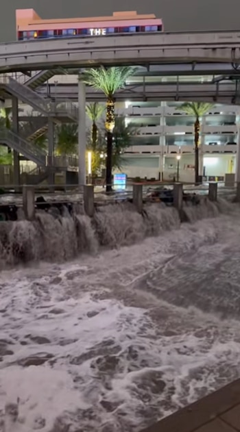 Torrente de agua turbia que fluye junto a una barandilla y palmeras frente a un edificio iluminado de noche