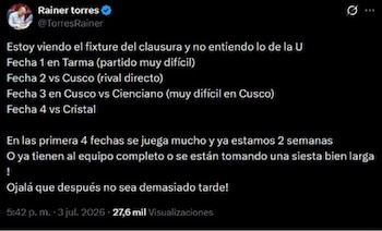 El tuit de Rainer Torres con su crítica a la dirigencia de Universitario.