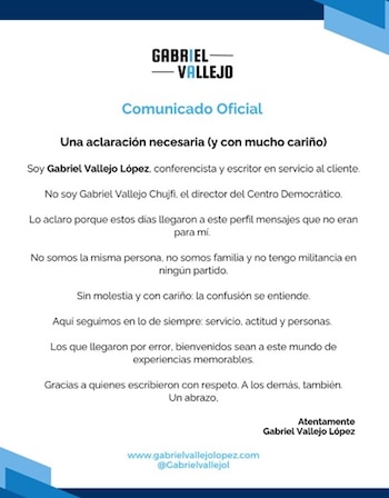 Gabriel Vallejo López compartió el comunicado la mañana del jueves 23 de julio de 2026 en su perfil de Instagram - crédito @gabrielvallejol/IG
