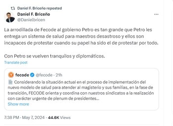 Daniel Briceño arremete contra Fecode en su cuenta de X - crédito @Danielbricen
