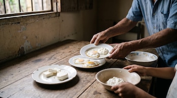 Mesa de madera con platos de loza blanca que contienen queso blanco en trozos, dos huevos fritos y cuajada, mientras manos adultas y de niño se sirven la comida.