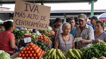 Puesto de mercado con clientes mirando verduras, tomates, aguacates y plátanos, y un cartel de cartón con el texto IVA MÁS ALTO DE CENTROAMÉRICA.