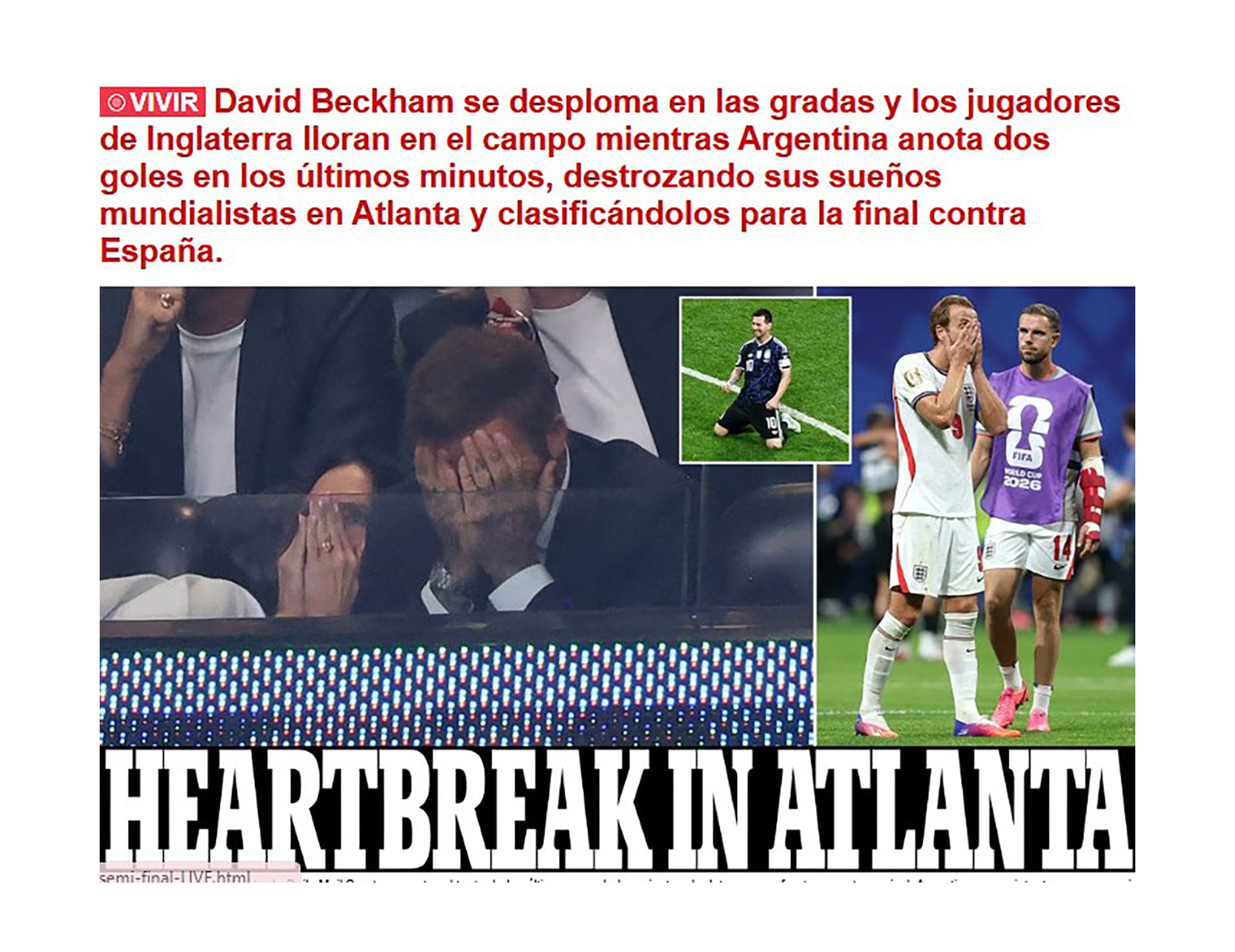 La foto que eligió Daily Mail con David Beckham tomándose el rostro en el palco tras la derrota de Argentina
