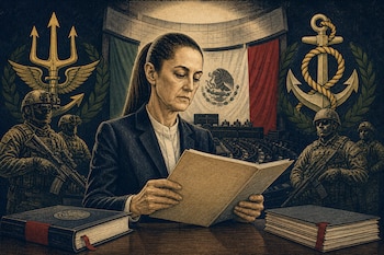 Ilustración de Claudia Sheinbaum leyendo una carpeta entre libros, soldados armados, una bandera mexicana, un tridente alado y un ancla naval.