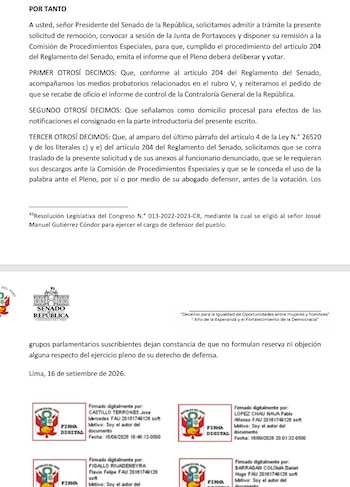 Documento en papel con texto legal, el logotipo del Senado del Perú y cuatro recuadros de firma digital en la parte inferior