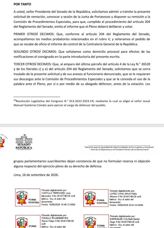 Un documento dirigido al Presidente del Senado del Perú solicita la remoción de un funcionario e incluye firmas digitales emitidas en Lima en septiembre de 2026.