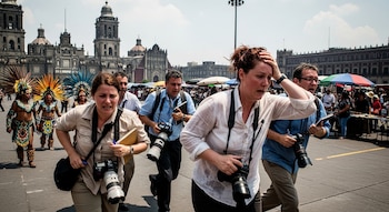 Grupo de personas corriendo, con cámaras fotográficas, en una plaza con edificios históricos y puestos de mercado. Hay danzantes con tocados de plumas.